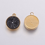 Electroplate Natural Druzy Agate Charms, with Brass Findings, Flat Round, Golden, Black, 14.5x11.5x4~5mm, Hole: 2mm(G-G334-02A)