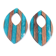 Resin & Walnut Wood Pendants, Two Tone, Leaf, Green, 66.5x39x3mm, Hole: 2mm(RESI-R428-06)