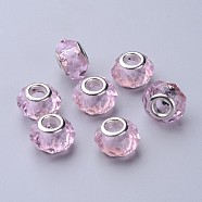 Handmade Glass European Beads, Large Hole Beads, Silver Color Brass Core, Pink, 14x8mm, Hole: 5mm(GPDL25Y-29)