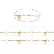 Brass Handmade Beaded Chain, Curb Chains, with CCB Plastic Imitation Pearl Bead, Long-Lasting Plated, Soldered, with Spool, Cube, Real 18K Gold Plated, 2x1x0.8mm, Bead: 4mm in diameter, Cube: 4x4x4mm, about 32.8 Feet(10m)/roll(CHC-G011-17G)