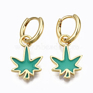 Brass Enamel Huggie Hoop Earrings, Nickel Free, Real 16K Gold Plated, Maple Leaf, Green, 27x13mm, Pin: 1mm(EJEW-T014-28G-02-NF)