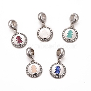 304 Stainless Steel Crystal Rhinestone European Dangle Charms, Large Hole Pendants, with Enamel and Fluorescence Slice, Stainless Steel Color, Flat Round with Girl, Mixed Color, 24mm, Hole: 4.5mm(STAS-F278-07P)