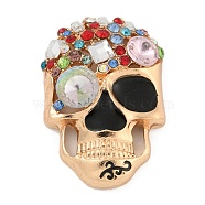 Alloy with Enamel and Rhinestone Cabochons, Halloween Theme Skull, Light Gold, 42x29x10mm(FIND-B033-02B-KCG)