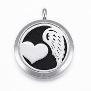 316 Surgical Stainless Steel Diffuser Locket Pendants, with Perfume Pad and Magnetic Clasps, Flat Round with Heart and Wing, Stainless Steel Color, Black, 37x30x6.5mm, Hole: 5mm, inner diameter: 23mm(STAS-H404-30E)