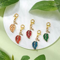 Alloy Enamel Leaf Pendant Decorations, Lobster Claw Clasps Charms for Bag Ornaments, Mixed Color, 33mm(HJEW-JM02729)