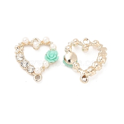 Alloy Crystal Rhinestone Connector Charms, Light Gold, with Resin, Heart Links with Flower, Aquamarine, 20.5x19x5mm, Hole: 1.6mm(PALLOY-E014-04LG-02)