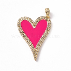 Brass Micro Pave Cubic Zirconia Pendants, Enamel Style, Heart Charm, Golden, Deep Pink, 44.5x28.5x2.5mm, Hole: 5x2.5mm(KK-P224-02G-03)