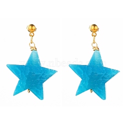 Natural Agate Star Dangle Stud Earrings, with Iron Ball Stud Earring Findings and Brass Ear Nuts, Golden, Deep Sky Blue, 1-1/2 inch(38mm), Pin: 0.7mm(EJEW-JE04420-05)