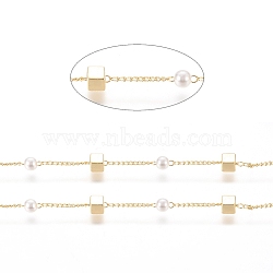 Brass Handmade Beaded Chain, Curb Chains, with CCB Plastic Imitation Pearl Bead, Long-Lasting Plated, Soldered, with Spool, Cube, Real 18K Gold Plated, 2x1x0.8mm, Bead: 4mm in diameter, Cube: 4x4x4mm, about 32.8 Feet(10m)/roll(CHC-G011-17G)