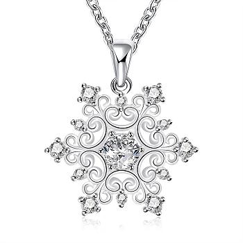 Fashion Popular Brass Cable Chain Snowflake Cubic Zirconia Pendant Necklace, Christmas Jewelry, Silver Color Plated, 18 inch