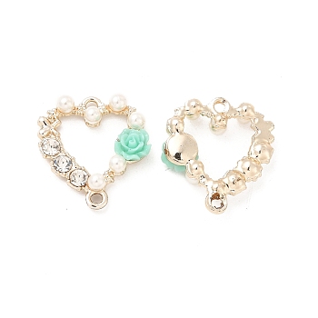 Alloy Crystal Rhinestone Connector Charms, Light Gold, with Resin, Heart Links with Flower, Aquamarine, 20.5x19x5mm, Hole: 1.6mm