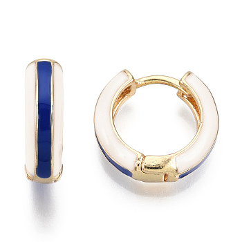 Brass Huggie Hoop Earrings, with Two Tone Enamel, Real 18K Gold Plated, Blue, 15x16.5x5mm, Pin: 1x1mm