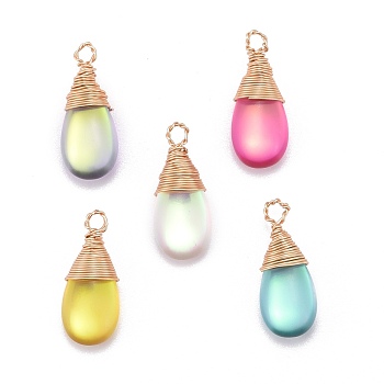 Frosted Glass Pendants, with Eco-Friendly Copper Wire, Teardrop, Mixed Color, 21x9x6mm, Hole: 2.5mm