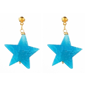 Natural Agate Star Dangle Stud Earrings, with Iron Ball Stud Earring Findings and Brass Ear Nuts, Golden, Deep Sky Blue, 1-1/2 inch(38mm), Pin: 0.7mm