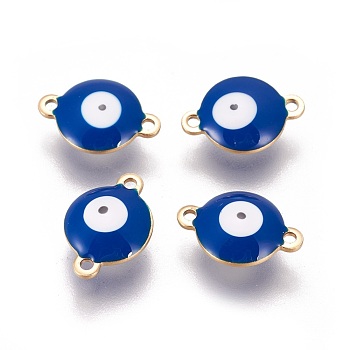 Ion Plating(IP) 304 Stainless Steel Enamel Links connectors, Flat Round with Evil Eye, Golden, Marine Blue, 14.5x10x4.5mm, Hole: 1.4mm
