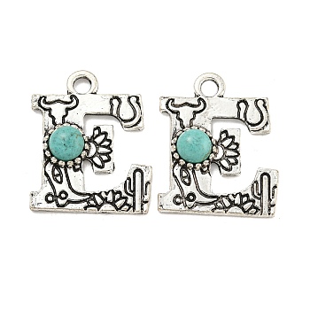 Synthetic Turquoise & Alloy Pendants, Letter Charms, Antique Silver, Letter E, 24.5x20x4mm, Hole: 3mm