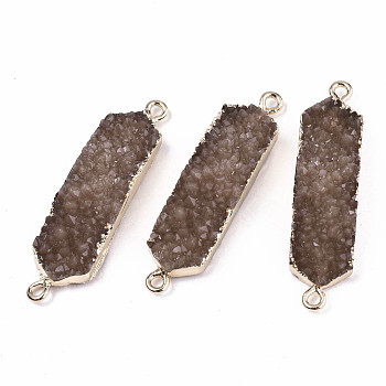 Resin Druzy Links Connectors, with Edge Light Gold Plated Iron Findings, Hexagon, Camel, 43.5x10.5x7mm, Hole: 1.8mm