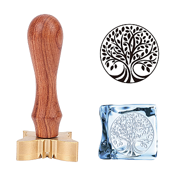 Brass Wax Seal Stamp, Pear Wood Handle, for DIY Scrapbooking, Tree Pattern, Stamp: 30x12mm, Handle: 78.3~78.5x22mm
