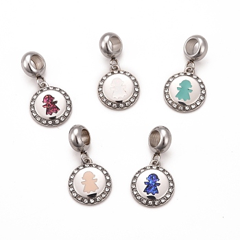 304 Stainless Steel Crystal Rhinestone European Dangle Charms, Large Hole Pendants, with Enamel and Fluorescence Slice, Stainless Steel Color, Flat Round with Girl, Mixed Color, 24mm, Hole: 4.5mm