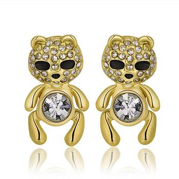 Real 18K Gold Plated Bear Tin Alloy Cubic Zirconia Stud Earrings, with Rhinestone, Clear, 19x11mm