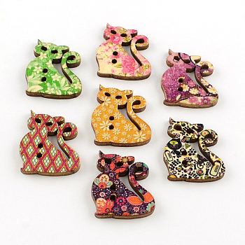 Cat 2-Hole Printed Wooden Buttons, Mixed Color, 29x25x3mm, Hole: 2mm