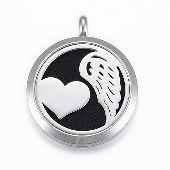 316 Surgical Stainless Steel Diffuser Locket Pendants, with Perfume Pad and Magnetic Clasps, Flat Round with Heart and Wing, Stainless Steel Color, Black, 37x30x6.5mm, Hole: 5mm, inner diameter: 23mm