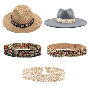 3Pcs 3 Style Flower/Rhombus/Floral Pattern Polyester Woven Belt Ornament Accessories, for Costume, Cowboy Hat, Bend Brim Fedora Hat Decoration, Mixed Color, 580~620x34~38x0.5mm, 1pc/style