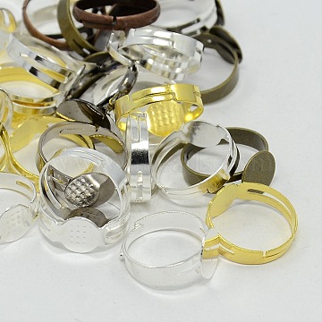 Adjustable Mixed Brass & Iron Pad Ring Settings DIY Finger Ring Findings, Mixed Color, 17mm, Tray: 8~12mm(KK-X0069)