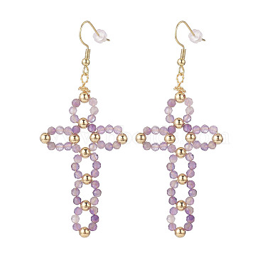 Natural Gemstone Braided Hollow Out Cross Dangle Earrings(EJEW-JE05138)-4