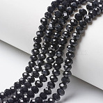 Opaque Solid Color Glass Beads Strands, Faceted, Rondelle, Black, 4x3mm, Hole: 0.8~1mm, about 105~110pcs/strand, 38~39cm(EGLA-A034-P4mm-D18)