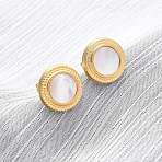 304 Stainless Steel Natural White Shell Stud Earrings, Flat Round, Ion Plating(IP), Real 18K Gold Plated, 13mm(EJEW-Z103-04G-02)