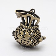 Filigree Lucky Money Bag with Blessing Brass Cage Pendants, For Chime Ball Pendant Necklaces Making, Lead Free & Cadmium Free, Antique Bronze, 29x25x19mm, Hole: 7x4mm, Inner: 13x17mm(KK-N0093-08AB-RS)