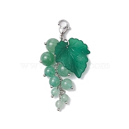 Grape Natural Green Aventurine Pendant Decorations, Acrylic Leaf & Lobster Claw Clasps Charms, for Bag Key Ornaments, 48~55mm(HJEW-TA00266-03)