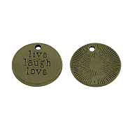Tibetan Style Alloy Flat Round Carved Word Live Laugh Love Message Pendants, Cadmium Free & Nickel Free & Lead Free, Antique Bronze, 20x2mm, Hole: 2mm, about 285pcs/1000g(TIBEP-12582-AB-NR)