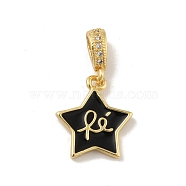 Brass Micro Pave Cubic Zirconia Pendants, with Enamel, Cadmium Free & Lead Free, Long-Lasting Plated, Star with Word Re, Real 18K Gold Plated, Black, 14x12x2mm, Hole: 3.5x2mm(KK-B059-38G-A)