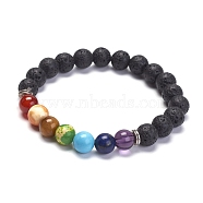Yoga Chakra Jewelry, Natural Lava Rock Stretch Bracelets, with Gemstone and Alloy Beads, Round, 2-1/8 inch(55mm)(BJEW-K142-A)