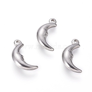 304 Stainless Steel Pendants, Moon, Stainless Steel Color, 16x8x3mm, Hole: 1.4mm(STAS-G214-48P)
