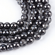 Half Plated Glass Beads Strands, Round, Black Plated, 7.5x8.5mm, Hole: 1mm, about 104pcs/strand, 30.3 inch(EGLA-Q062-8mm-C04)