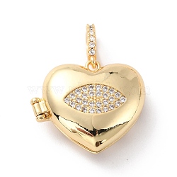 Brass Micro Pave Cubic Zirconia Diffuser Locket Pendants, Long-Lasting Plated, Heart with eye, Real 18K Gold Plated, 19.5x22.5x8.5mm, Hole: 3.2x5mm(ZIRC-Z018-01G)