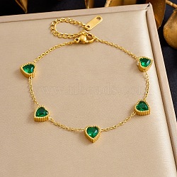 304 Stainless Steel Rhinestone Link Bracelets, Cable Chain Bracelets for Women, Heart, 6.81 inch(17.3cm)(BJEW-B171-11G-02)