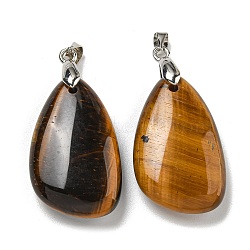 Natural Tiger Eye Pendants, Teardrop Charms, with Rack Plating Platinum Tone Brass Findings, Cadmium Free & Lead Free, 34x18x7.5mm, Hole: 4x5mm(G-G147-02P-05)