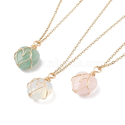 Gemstone Heart Pendant Necklaces, 304 Stainless Steel Wire Wrap Jewelry for Women, Golden, 17.72 inch(45cm)(NJEW-JN03896)