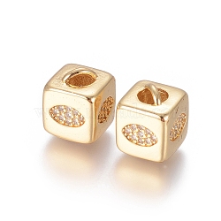 Brass Micro Pave Cubic Zirconia Beads, Long-Lasting Plated, Cube with Horse Eye Pattern, Golden, Clear, Golden, 10x8x8.5mm, Hole: 1.5x3.5mm and 4mm(ZIRC-G162-16G-12)