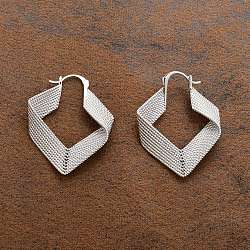 Textured Rhombus Brass Hoop Earrings for Women, Platinum, 39.5x32.5x8mm(EJEW-U055-03A-P)