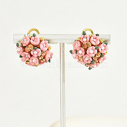 Plastic 3D Flower Hoop Earrings with Cubic Zirconia, Real 18K Gold Plated Alloy Earrings, Pink, 20mm(XJ8294-1)
