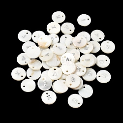 Natural Freshwater Shell Pendants, with Platinum Plated Iron Etched Metal Embellishments, Flat Round with Initial Letter, White, Random Mixed Letters, 11x2mm, Hole: 1.5mm(SHEL-Q018-01A-MP)