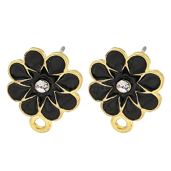 Rack Plating Alloy Stud Earring Finding, with Rhinestone, Cadmium Free & Nickel Free & Lead Free, Flower, Black, 16x12.5mm, Hole: 1.6mm, Pin: 10.5x0.5mm(X-FIND-C053-07G-03)