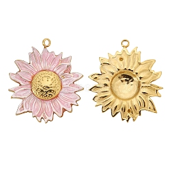 Stainless Steel Pendants, with Enamel, Golden, Sunflower Charm, Misty Rose, 20.5x20.5mm, Hole: 1.5mm(PW-WG95736-02)