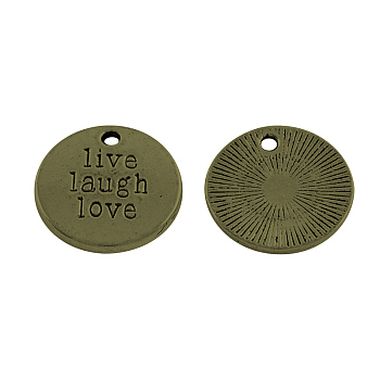 Tibetan Style Alloy Flat Round Carved Word Live Laugh Love Message Pendants, Cadmium Free & Nickel Free & Lead Free, Antique Bronze, 20x2mm, Hole: 2mm, about 285pcs/1000g