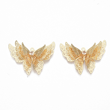 Brass Cubic Zirconia Pendants, Nickel Free, Butterfly, Clear, Real 18K Gold Plated, 27x35x6mm, Hole: 1.2mm